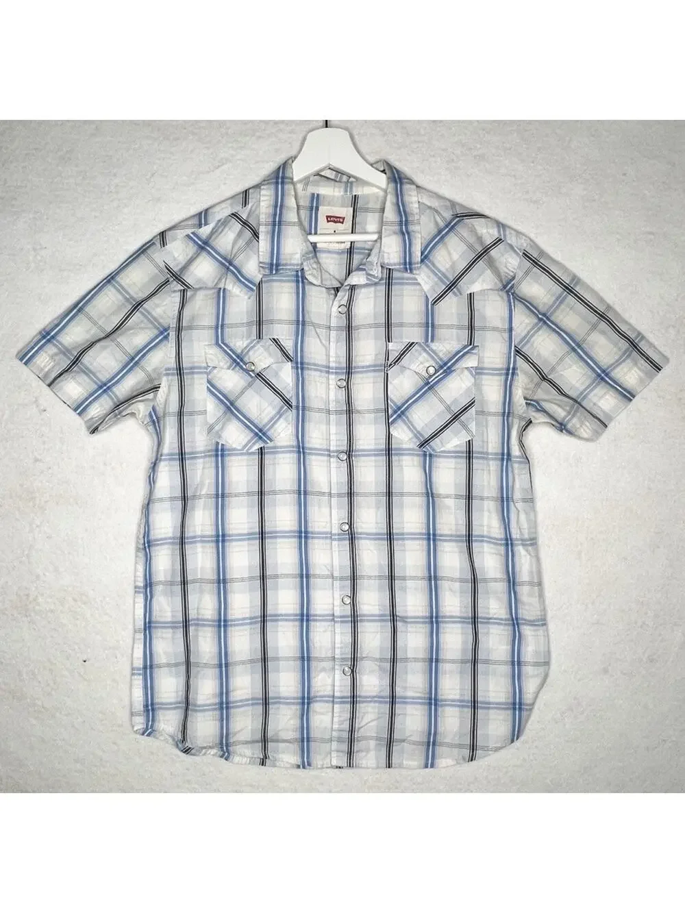 Levis Pearl Snap Plaid Short Sleeve Cotton Twill Shirt M Blue Black White